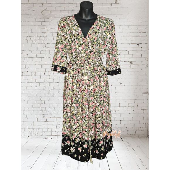 Zara Basic Midi Floral 3/4 Sleeve Wrap Dress Large - Picture 5 of 14